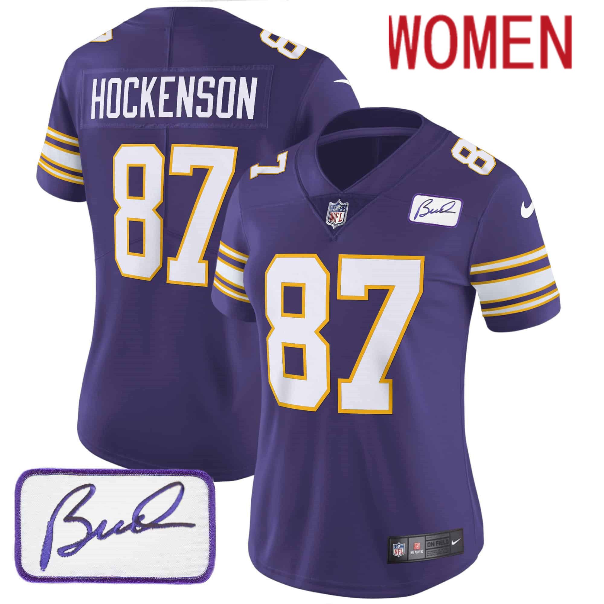 Women Minnesota Vikings 87 Hockenson Purple 2024 Nike Bud Grant Patch Classic Limited NFL Jersey style 1